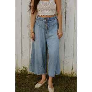 Easel Women's Large Blue Elastic Waist High Rise Super Wide Leg Denim Pants Boho